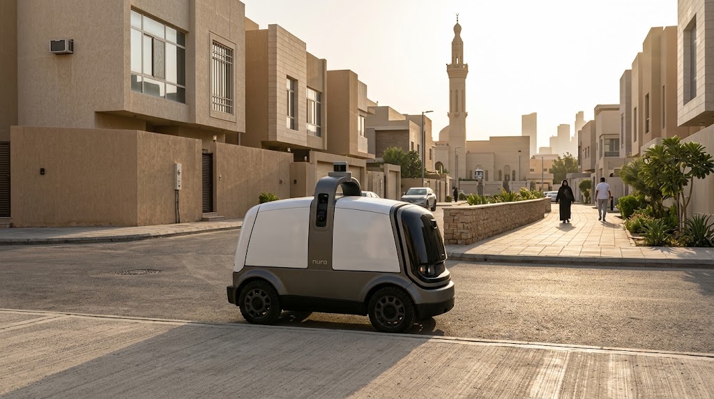 autonomous last-mile delivery vehicle travelling slowly through a modern Riyadh residential neighbourhood